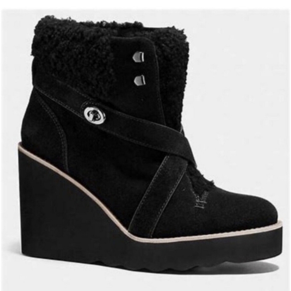 Coach Kenna Black Suede Shearling Wedge Bootie 8B - Picture 3 of 9